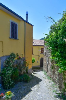 İtalya 'nın Molise kentindeki eski Castel San Vincenzo evleri arasında bir sokak..