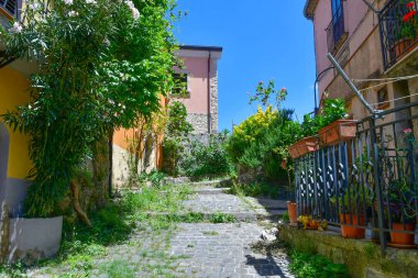 İtalya 'nın Molise kentindeki eski Castel San Vincenzo evleri arasında bir sokak..