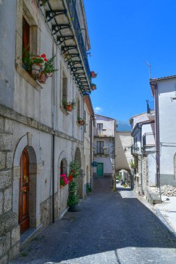 İtalya 'nın Molise kentindeki eski Castel San Vincenzo evleri arasında bir sokak..