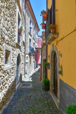 İtalya 'nın Molise kentindeki eski Castel San Vincenzo evleri arasında bir sokak..