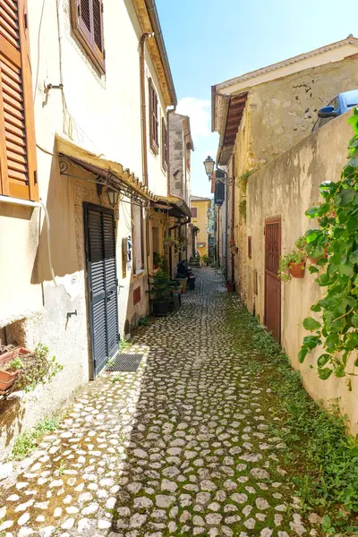 Lazio, İtalya 'da küçük bir ortaçağ kasabası olan Arpino' nun evleri arasında dar bir sokak..