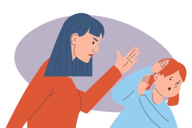 Kızgın anne, kızının vektörünü izole etmekle tehdit ediyor. Öfkeli ebeveyn çocuğu döver. Korkmuş kız, aile içi şiddet. Aile içi anlaşmazlık.