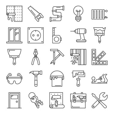 Ev onarım ikonu vektörü izole edildi. Basit çizgi simgelerinin koleksiyonu, farklı araçların piktogramları. Çekiç, boya fırçası, kapı ve pencere, ev yenileme sembolleri.