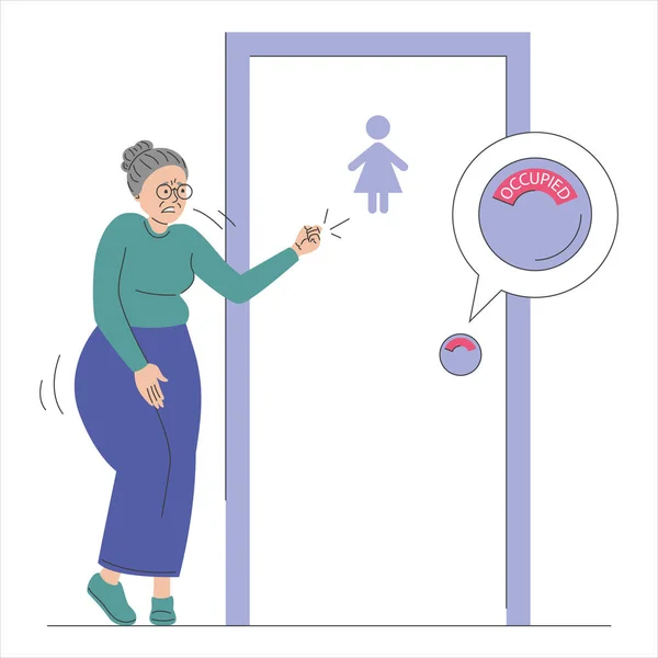 Seniorka Chce Čůrat Stát Zavřených Záchodových Dveří Izolovaná Okupovaná Ženský — Stockový vektor