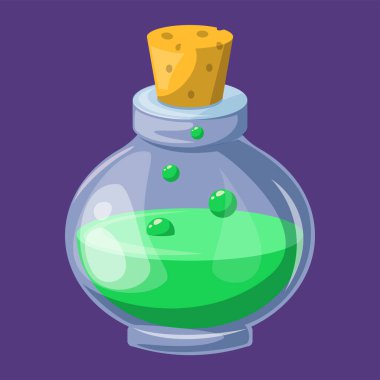 Green potion game icon vector isolated. Illustration of a glass bottle with green liquid inside. Alchemy concept. Magic elixir.