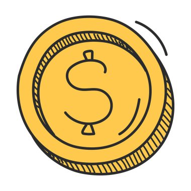 Coin doodle icon vector isolated. Golden coin with dollar sign on it. Concept of finance, cash and wealth.