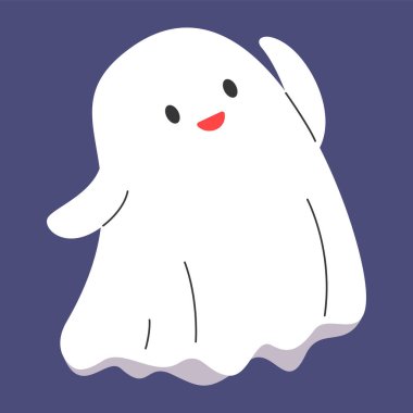 Cute ghost smiling and waving his hand. Vector illustration of funny halloween character. Mysterious creature.