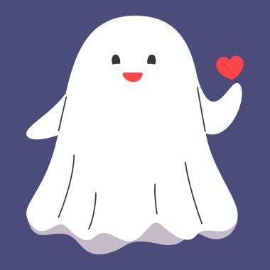 Cute ghost in love vector illustration. Funny character holding little heart in its hand. Concept of Halloween, october spooky holiday. Greeting card design element