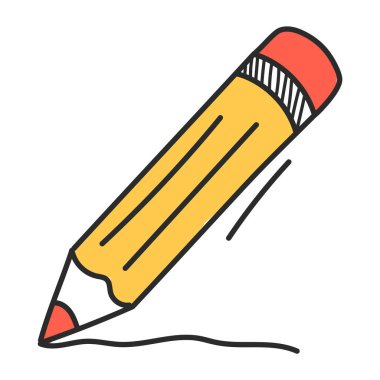 Kalem karalama ikonu vektörü izole edildi. Bir çizim malzemesinin tasviri. Sanat aleti. Kırmızı silgisi olan sarı kalem..