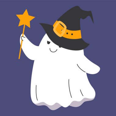 Cute ghost in black witch hat holding a magic wand. Vector illustration of a fantasy character. Hallowen holiday concept. Autumn holiday celebration, greeting card design element.