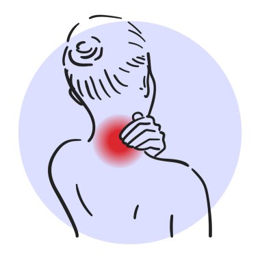 Pain in the neck vector isolated. Back view of the person touching neck, red painful area.