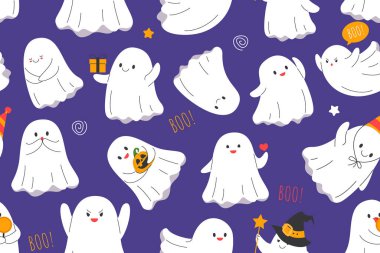 Cute ghosts pattern. Vector seamless texture, halloween decoration. Happy October holiday, funny white ghosts.