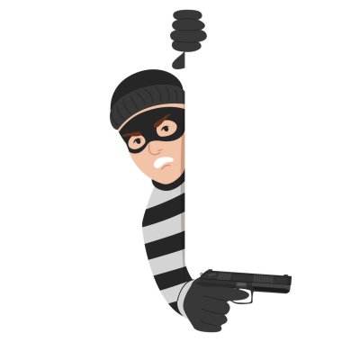 Criminal looking out of corner vector isolated. Illustration of a thief hiding behind the wall with a gun. Dangerous character in mask smirks.