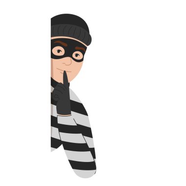 Criminal looking out of corner vector isolated. Illustration of a thief hiding behind the wall. Dangerous character in mask with finger at lips, making a silent gesture.