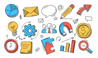 İş karalama simgeleri ayarlandı. İşletme el çizimi sembollerle izole edilmiş vektör çizimi. Ampul, mıknatıs, dişli ve kalem. Renkli konuşma balonu, kağıt not ve büyüteç çizimleri