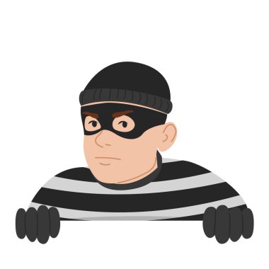 Criminal looking out of corner vector isolated. Illustration of a thief hiding behind the wall. Dangerous character in mask.