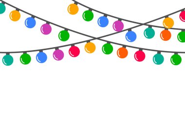 Colorful christmas garland vector isolated. Illustration of bright lights, cute decoration element. Shining colorful lamps, empty space for message, web banner template.