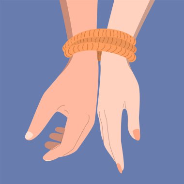 Hands of two people tied with a rope. Concept of toxic relationship and codependency, man and woman tied together. Vector illustration.
