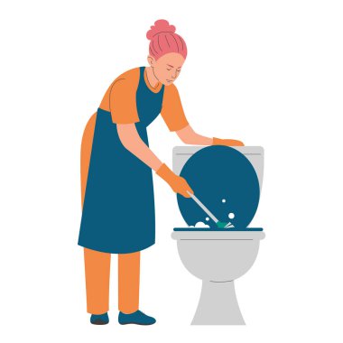 Cleaning service worker washing toilet vector isolated. Illustration of a woman in uniform cleaning lavatory. Hygiene at home, concept of housekeeping