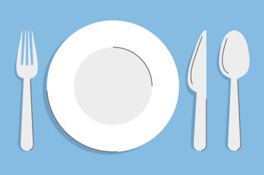 Empty plate, spoon, fork and knife. Vector illustration of a dishware. Shiny silverware. Kitchen utensils on the table.