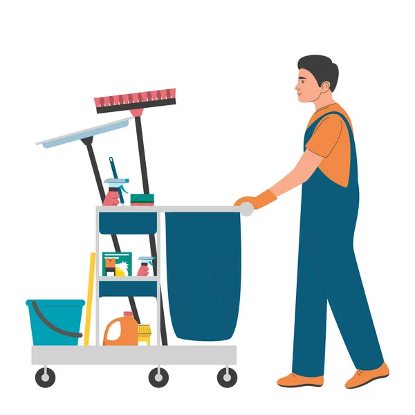 Trabalhador Serviço Limpeza Andando Com Carrinho Cheio Equipamento Limpeza Profissional —  Vetores de Stock
