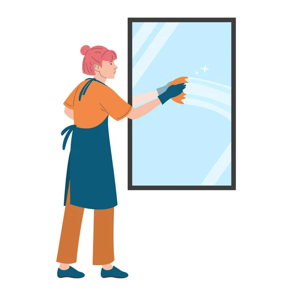 Reinigungskraft Beim Waschen Des Spiegelvektors Illustration Einer Weiblichen Figur Einheitlichen — Stockvektor