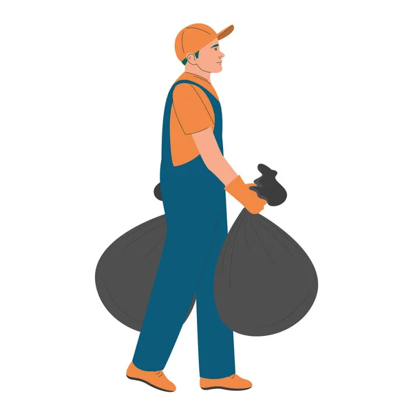 Trabalhador Serviço Limpeza Transportando Gabrbage Sacos Vetor Isolado Pessoa Uniforme — Vetor de Stock