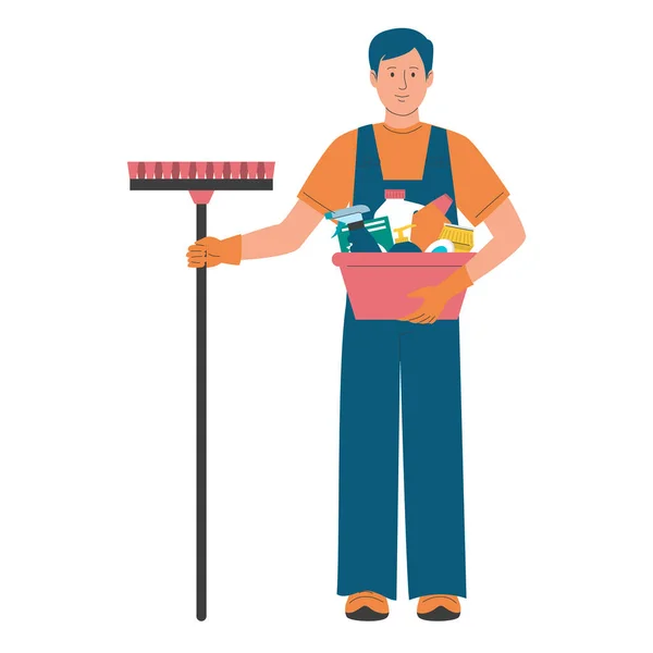 Trabalhador Serviço Limpeza Segurando Diferentes Ferramentas Limpeza Vetor Isolado Balde — Vetor de Stock