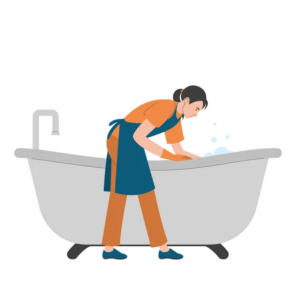 Trabalhador Serviço Limpeza Lavar Vetor Banheira Isolado Uma Mulher Uniforme —  Vetores de Stock