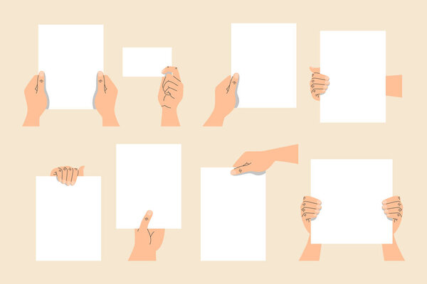 Hands holding empty banners set vector isolated. Collection of illustrations of hands holding white paper sheets. Empty space for message.