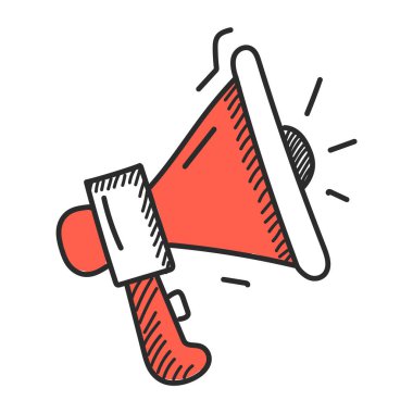 Karalama megafon ikon vektörü izole edildi. Sevimli ve komik bir iletişim sembolü. Kırmızı megafon, hoparlör..