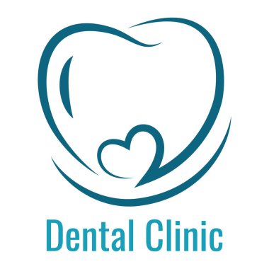 Diş kliniği logoti vektörü izole edildi. Diş hekimliği logosu. Soyut şekil, logo için modern tasarım. Tıbbi iş konsepti. Mavi kalp ve diş simgesi.