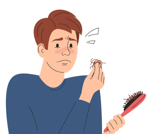 Trauriger Mann Beim Anblick Einer Haarbürste Mit Isolierten Haarsträhnen Haarausfall — Stockvektor