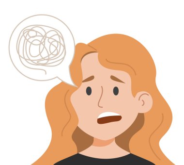 Kadın, izole edilmiş vektörlerle konuşmakta zorlanıyor. Hastalık belirtisi, beyin problemi. Zihinsel bozukluk. Alzheimer ya da migren semptomu. Karışık karakter.