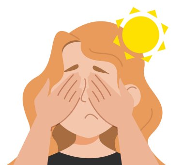 Light sensitivity vector isolated. Female character suffering from photophobia. Symptom of migraine. Problem with health, light intolerance. clipart