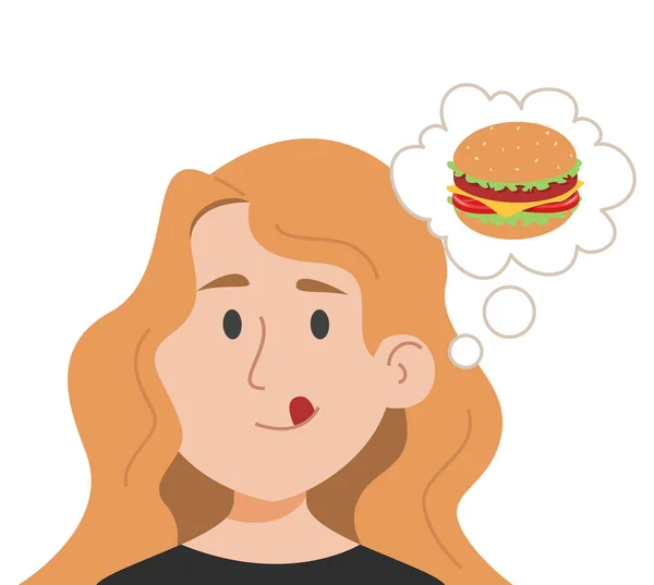 Žena Přemýšlí Izolovaném Vektoru Hamburgeru Chuť Jídle Hladová Povaha Chce — Stockový vektor