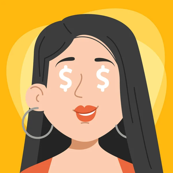 Girig Kvinna Med Dollartecken Ögonen Vektor Illustration Person Besatt Pengar — Stock vektor