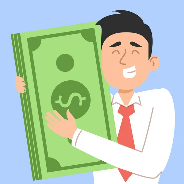 Szczęśliwy Człowiek Przytula Zielone Banknoty Wektor Ilustracji Koncepcja Bogactwa Sukcesu — Wektor stockowy