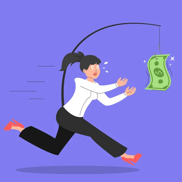贪婪的女商人追着挂在钩子上的绿色美元钞票跑来跑去 经济上的诱惑员工需要更多的钱 — 图库矢量图片