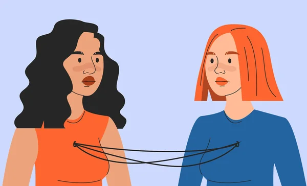 相互依赖的向量孤立 两个女人用胸中的线相互连接着 不健康的关系 相互依赖的伴侣 同性恋夫妇 两个同性恋女人彼此上瘾 — 图库矢量图片