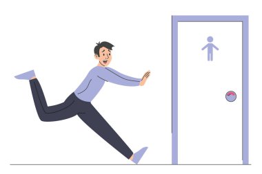 Man with diarrhea running to the toilet door vector isolated. Male character wants to pee. WC door. Guy with full bladder clipart