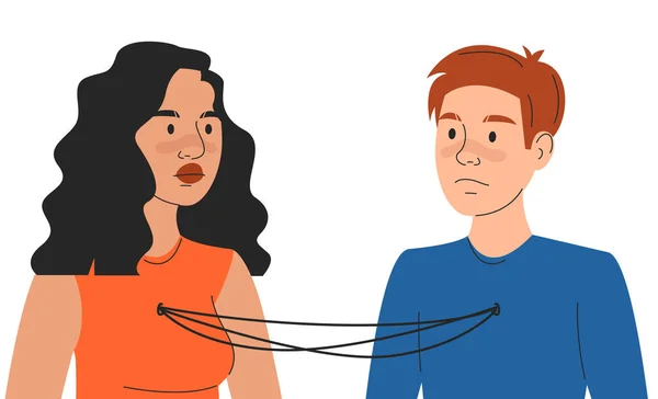相互依赖的向量孤立 两个角色用胸中的线连接起来 不健康的关系 相互依赖的伴侣 男人和女人彼此沉迷 — 图库矢量图片
