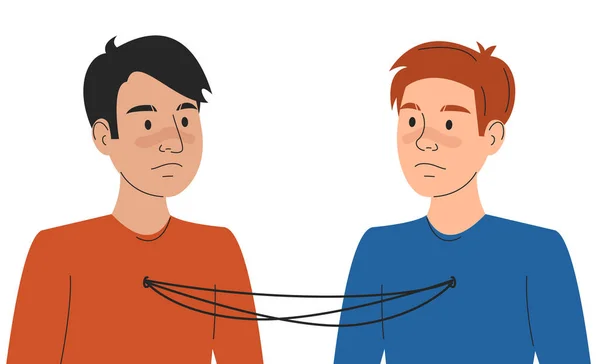 相互依赖的向量孤立 两个男人用胸中的线互相联系着 不健康的关系 相互依赖的伴侣 同性恋夫妇 两个同性恋男人彼此上瘾 — 图库矢量图片