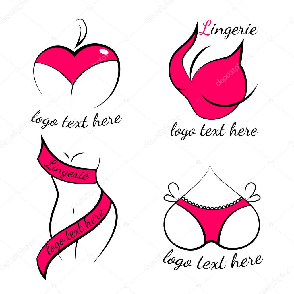 Lingerie shop logo set vector isolated. Collection of sexy red logotypes for female underwear. Concept of beautiful clothing, female fashion. Pink lingerie.