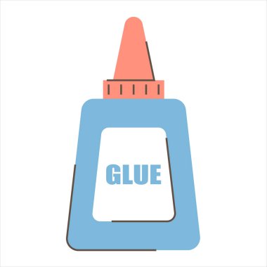 Bir şişe tutkal vektörü izole edildi. Üzerinde beyaz yapışkan sıvı olan plastik bir kap. Okul malzemeleri, kırtasiye malzemeleri..