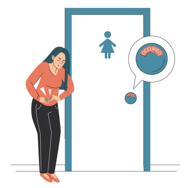 Frau Mit Durchfall Steht Isoliert Auf Öffentlicher Toilette Weiblicher Charakter — Stockvektor