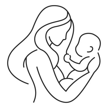 Ana ve bebek çizgisi ikon vektörü izole edildi. Doğum logosu. Yeni doğmuş bir bebeği olan genç bir anne. Yeni hayat.