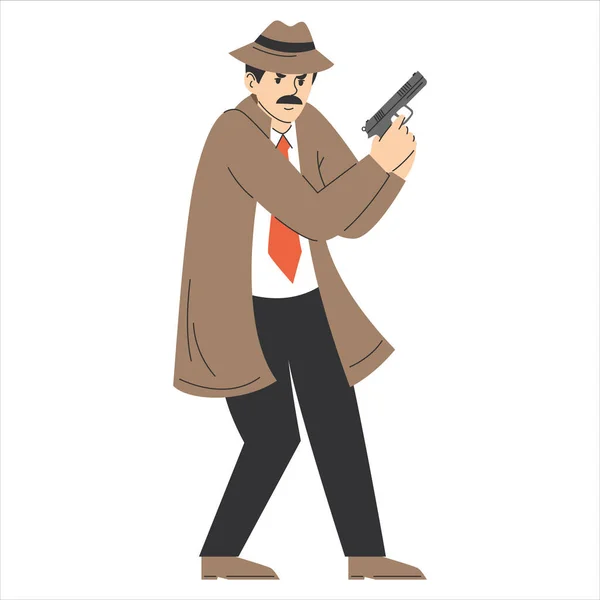Detective Privado Com Vetor Armas Isolado Ilustração Personagem Masculino Casaco — Vetor de Stock
