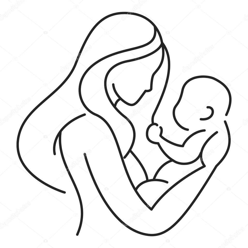 Mother and baby line icon vector isolated. Maternity logo. Young mom with a newborn. New life.