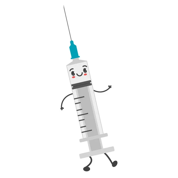 可爱有趣的注射器字符行走矢量分离 用针头说明一种医疗工具 医学和免疫概念 微笑的性格 — 图库矢量图片